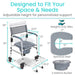 Adjustable height commode chair with measurements and features on a white background