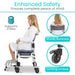 Woman using a walker with highlighted features like 'Sturdy Backrest' and 'Locking Wheels'.