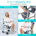 3-in-1 mobility aid shown in use as a shower chair, commode, and wheelchair.