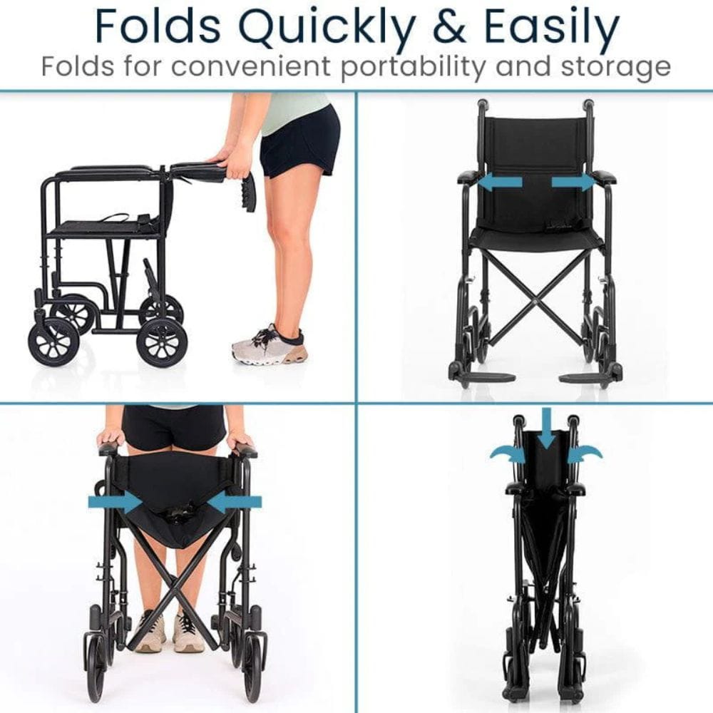 Collapsible wheelchair being folded and unfolded with text indicating convenience for portability and storage.