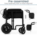 Black pre-assembled wheelchair with attached armrests on a white background