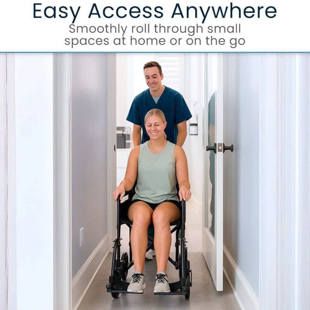 Woman using a wheelchair with a man assisting her in a home setting, with text about easy access anywhere.