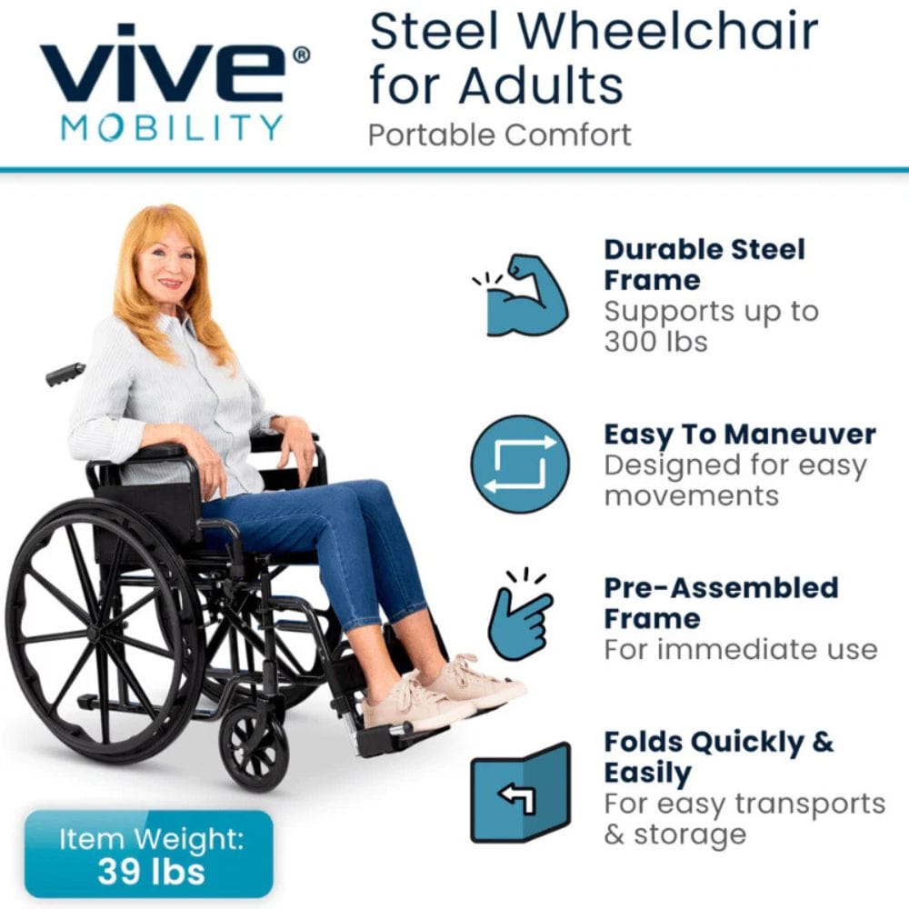 Vive Mobility steel wheelchair for adults with features listed on a white background