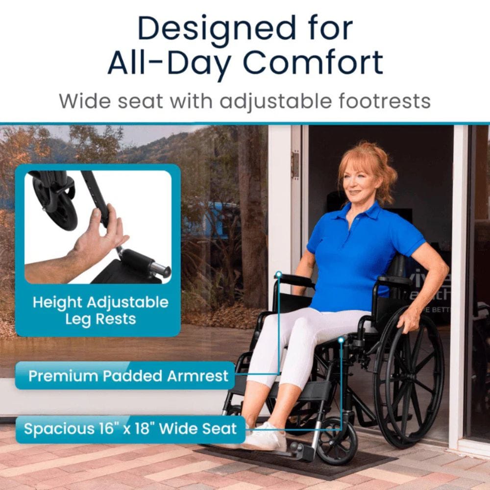 Woman using a wheelchair with features highlighted, including adjustable leg rests and a wide seat.