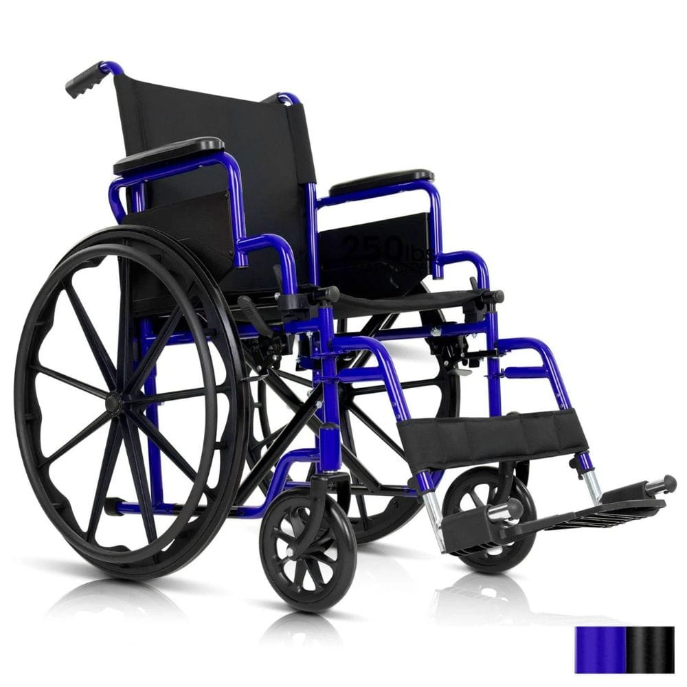 Blue and black wheelchair on a white background