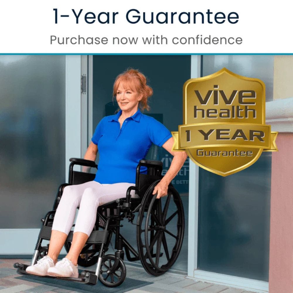Woman in a wheelchair sitting outside with a Vive Health 1-Year Guarantee badge.