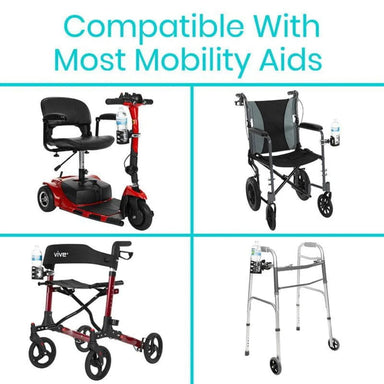 Four images of mobility aids including a scooter, wheelchair, walker, and chair with text 'Compatible With Most Mobility Aids'.