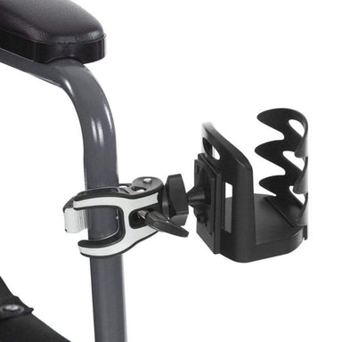 Black and silver cup holder attached to a chair armrest on a white background