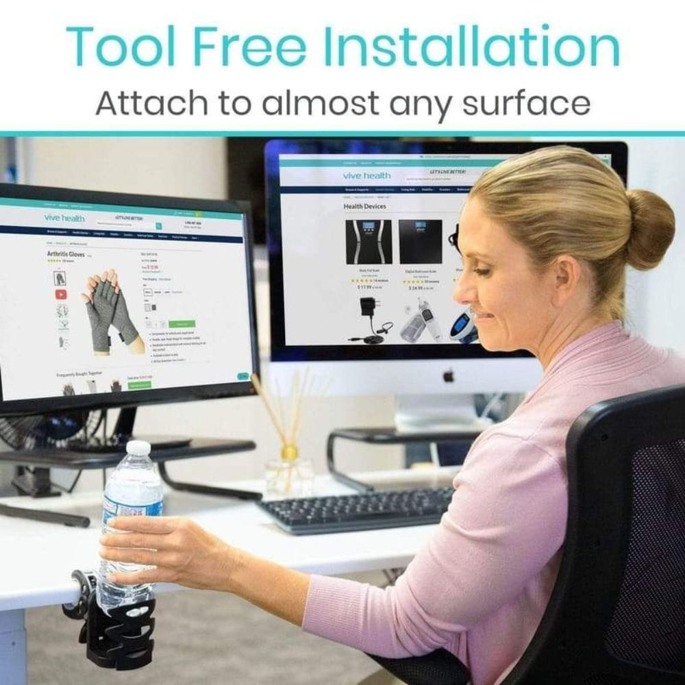 Woman at a desk with computer monitors, holding a water bottle, and text about tool-free installation.