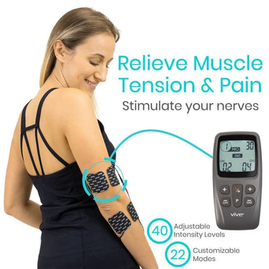 Woman using a TENS unit on her arm with text 'Relieve Muscle Tension & Pain' and product details.