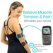 Woman using a TENS unit on her arm with text 'Relieve Muscle Tension & Pain' and product details.