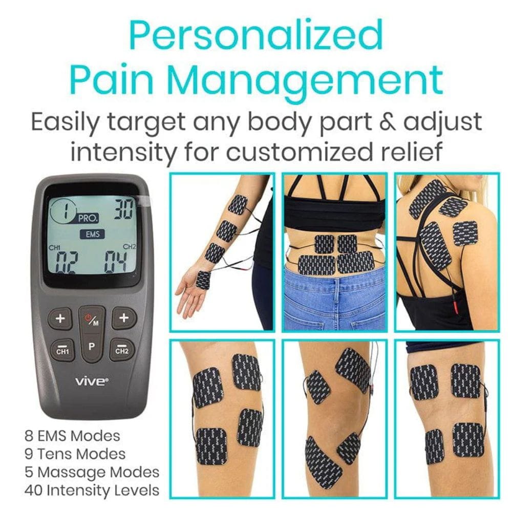 Vive electronic device for personalized pain management with text and body parts shown.