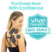 Woman wearing electronic health devices with Vive Health branding and 60-day guarantee offer on a white background.