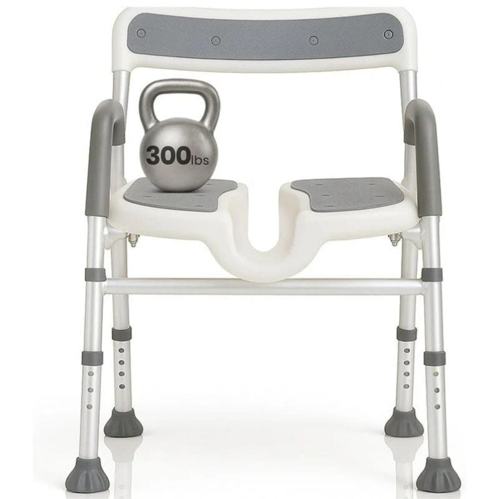 Foldable shower chair with a kettlebell on a white background