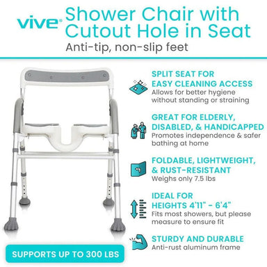 Shower chair with cutout hole in seat, featuring Vive branding and product details.