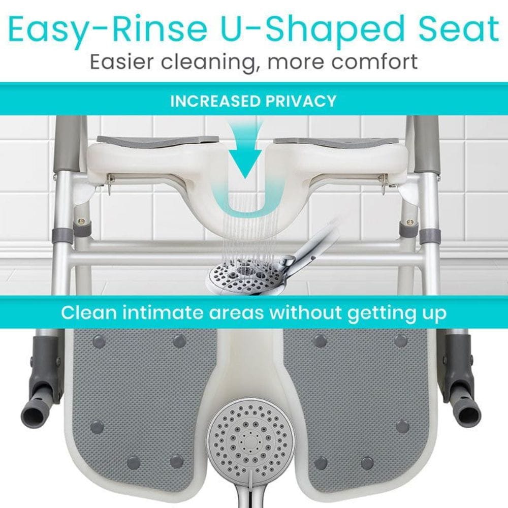 Shower chair with U-shaped seat and shower head, emphasizing ease of cleaning and increased privacy.