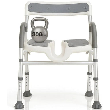 Foldable shower chair with a kettlebell on a white background