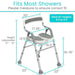 Measurement chart of a shower chair with dimensions on a white background