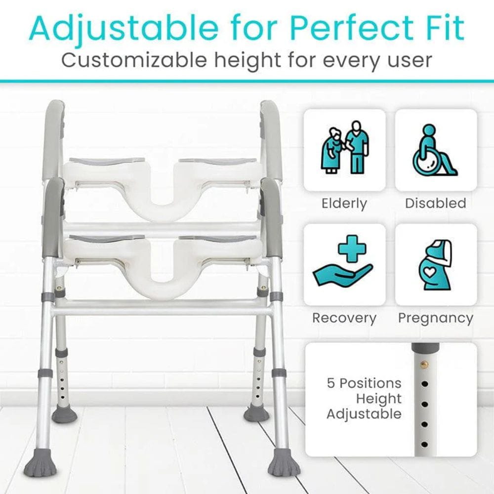 Adjustable height commode chair with customizable features for various users on a white background