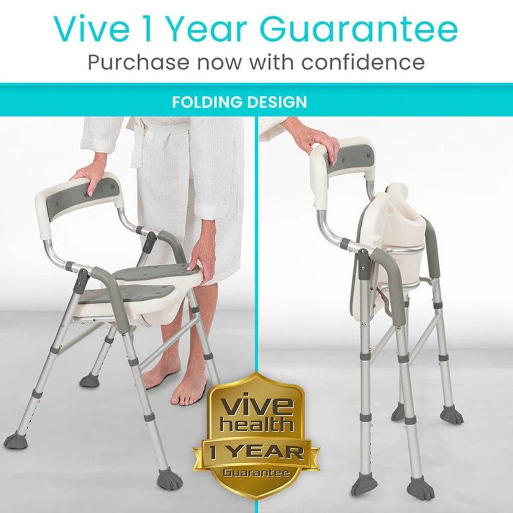 Folding chair and walker with Vive Health 1 year guarantee badge on a white background
