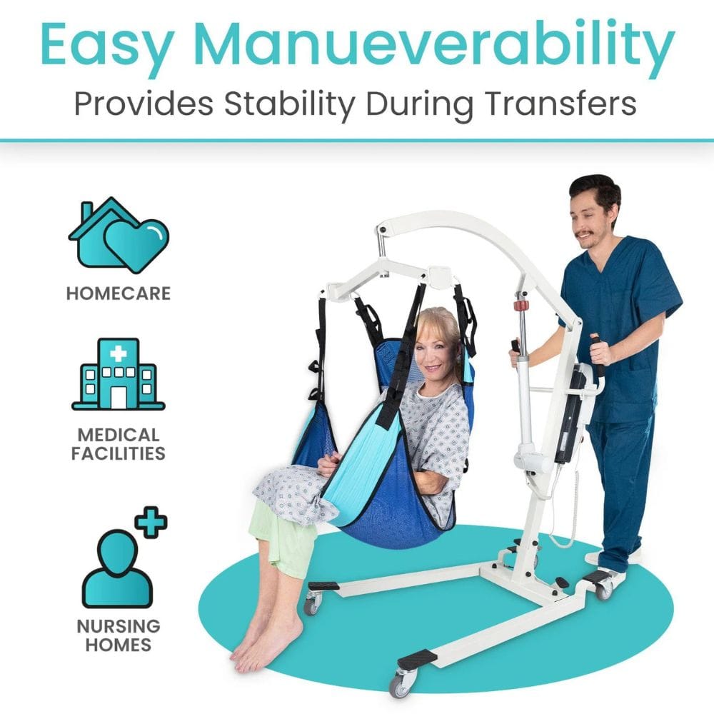 Hospice lift with a person being assisted by a healthcare professional, labeled for homecare, medical facilities, and nursing homes.