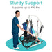 Person using a medical device to lift a person in a wheelchair, with text indicating support capacity.