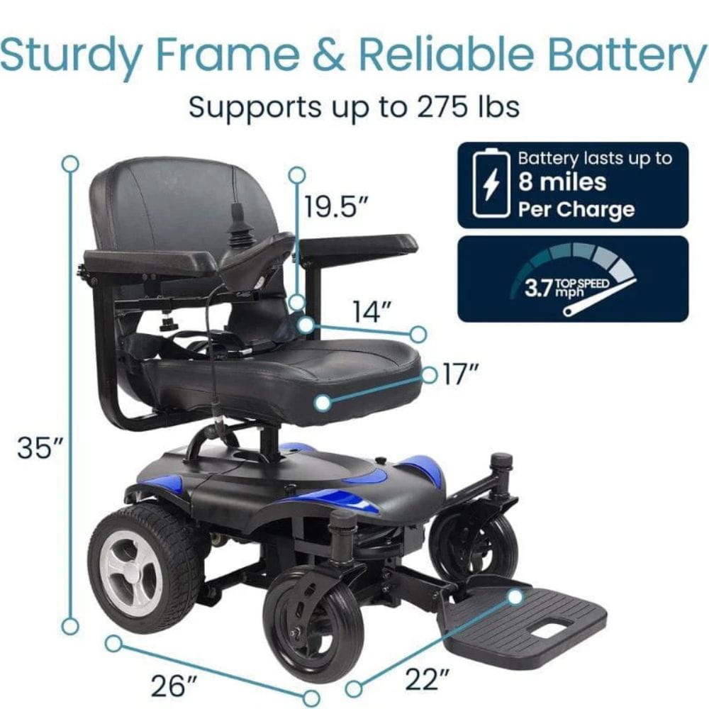 Electric wheelchair with measurements and battery life specifications on a white background