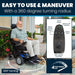 Man using a power wheelchair with a control panel illustration and text highlighting features.