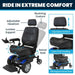 Power wheelchair with labeled features on a white background