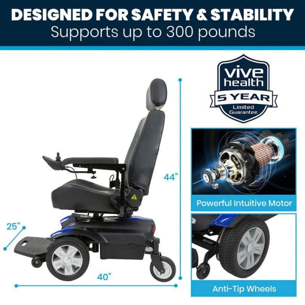 Power wheelchair with Vive Health guarantee badge and motor illustration on a white background