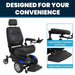 Power wheelchair with adjustable features on a white background