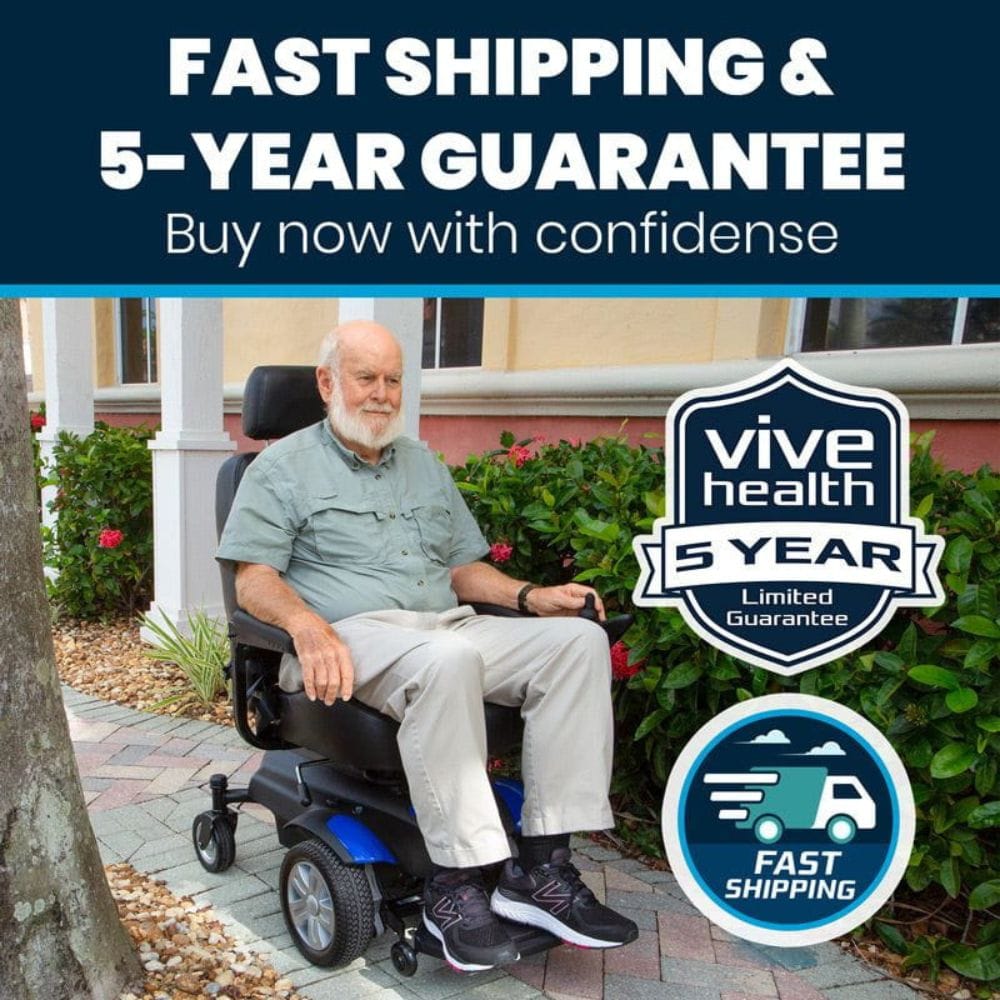 Man using a power wheelchair with Vive Health branding and fast shipping guarantee text.