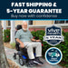 Man using a power wheelchair with Vive Health branding and fast shipping guarantee text.