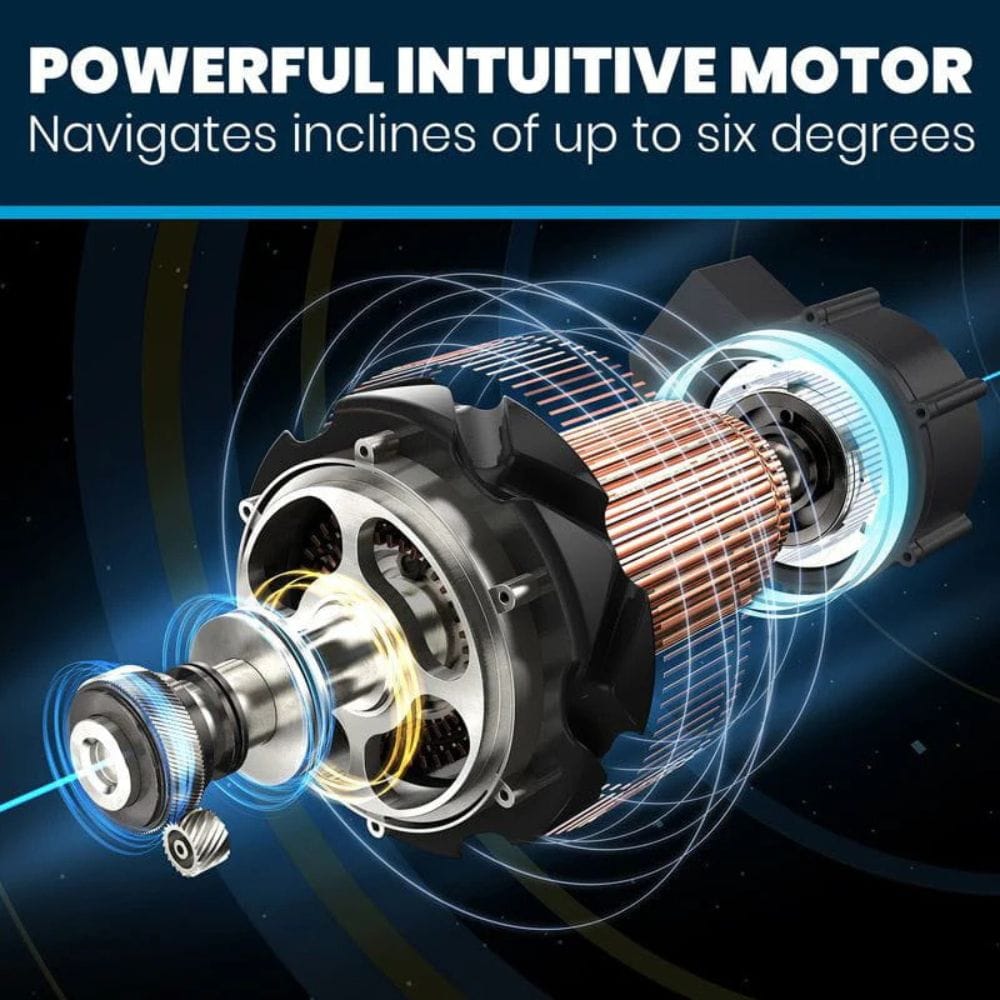 Motor with technical details on a dark background, featuring text about its capabilities.