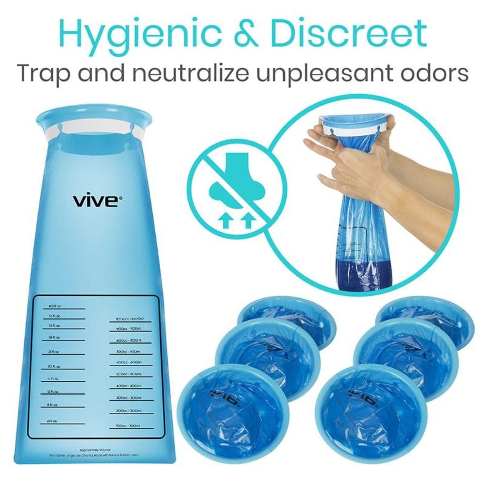 Blue odor control system with 'vive' branding, showing packaging and usage.