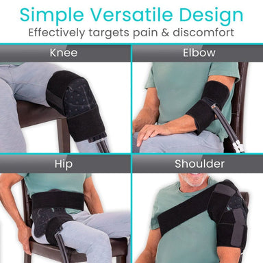 Product demonstrating its use on knee, elbow, hip, and shoulder with text 'Simple Versatile Design' and 'Effectively targets pain & discomfort'.