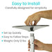 Hand holding a metal stand with text highlighting ease of installation and features.