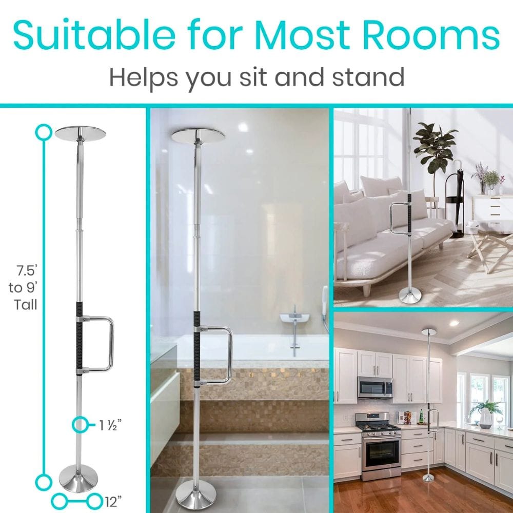 Product with height and diameter measurements shown, suitable for various rooms including a bathroom, living room, and kitchen.