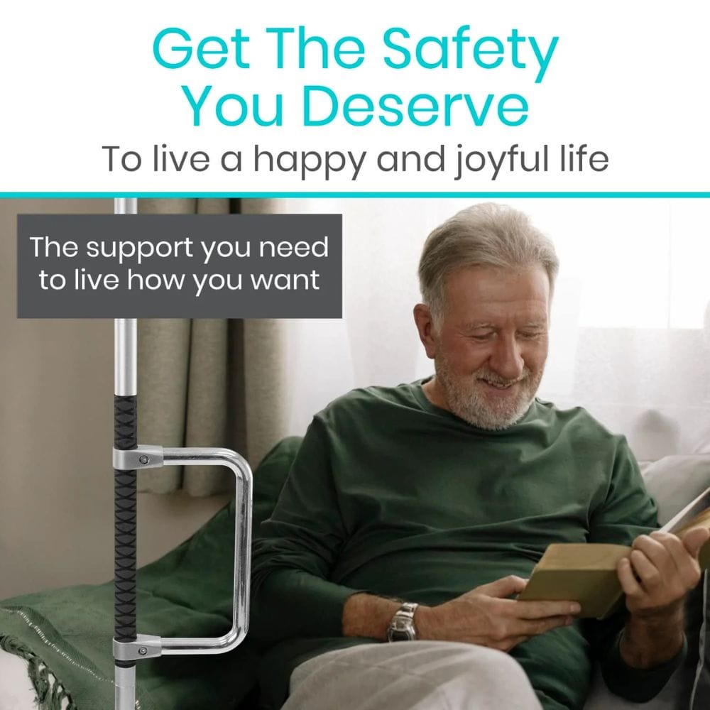 Man sitting on a couch with a book and a cane, with text about safety and happiness.