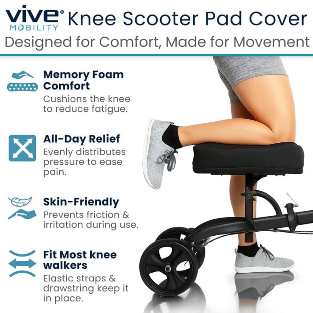 Vive Mobility knee scooter pad cover with features and benefits highlighted