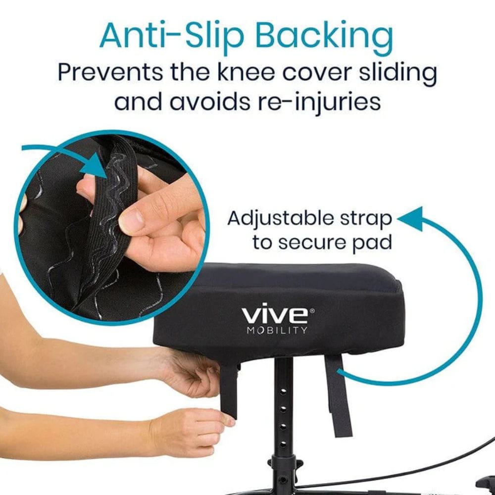 Black knee cover with adjustable strap and anti-slip backing, featuring the Vive Mobility brand.