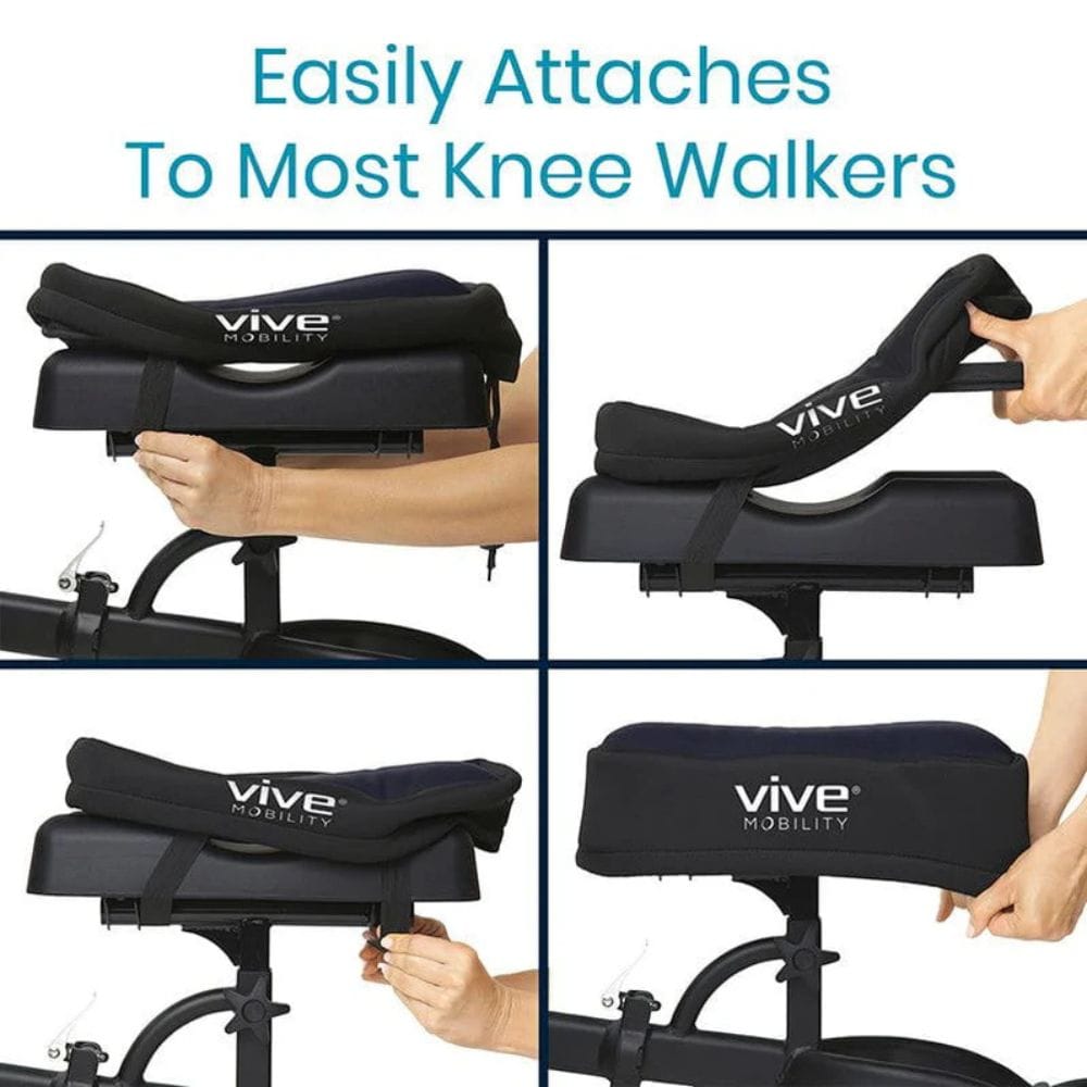 Vive Mobility knee walker attachment being attached to a walker with text 'Easily Attaches To Most Knee Walkers'.