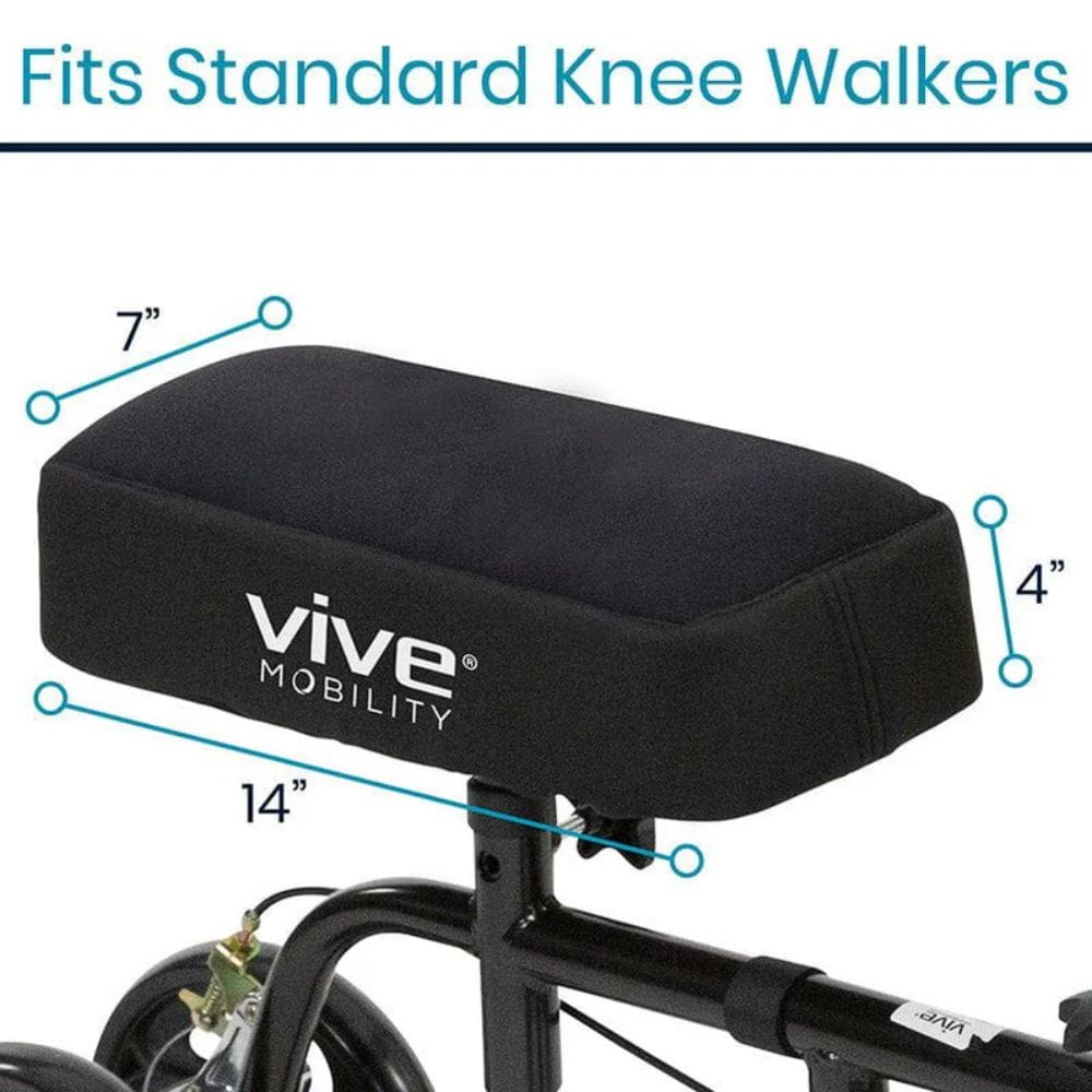 Black cushion with Vive Mobility logo on a knee walker, showing dimensions.