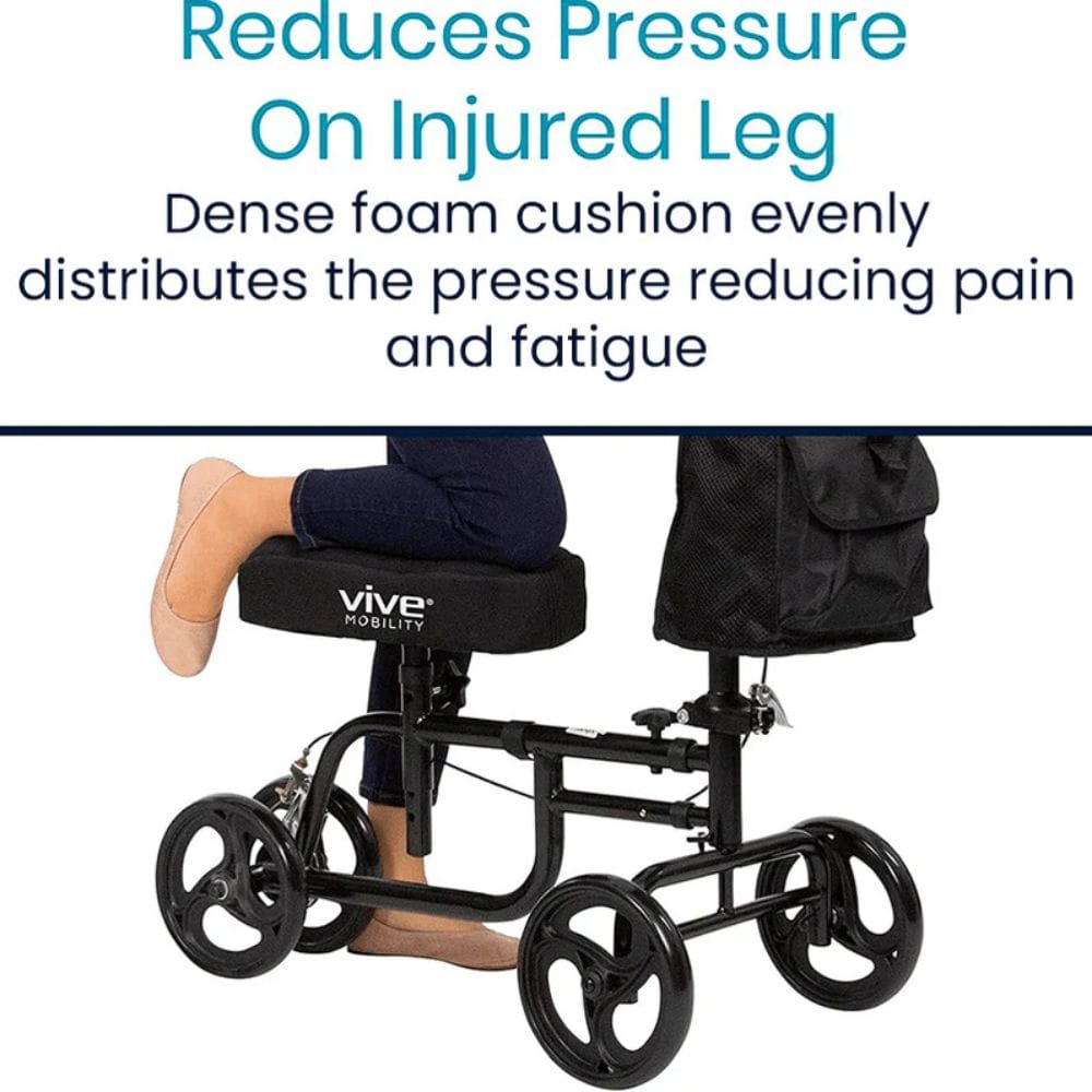 Vive Mobility knee walker with text about reducing pressure on injured leg