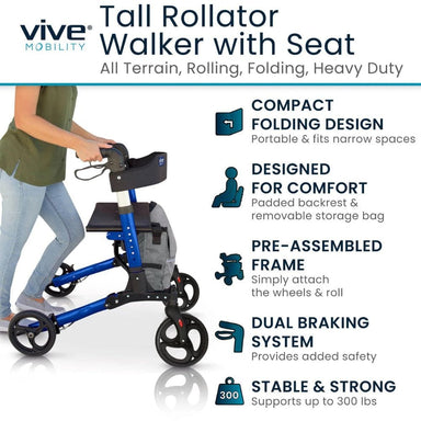 Vive Mobility Tall Rollator Walker with Seat on a white background