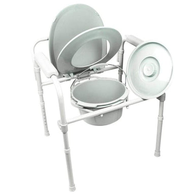 White portable toilet with seat and stand on a white background