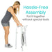 Woman assembling a white walker with text 'Hassle-Free Assembly' on a white background