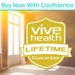 Vive Health Lifetime Guarantee badge in a bright room with large windows.
