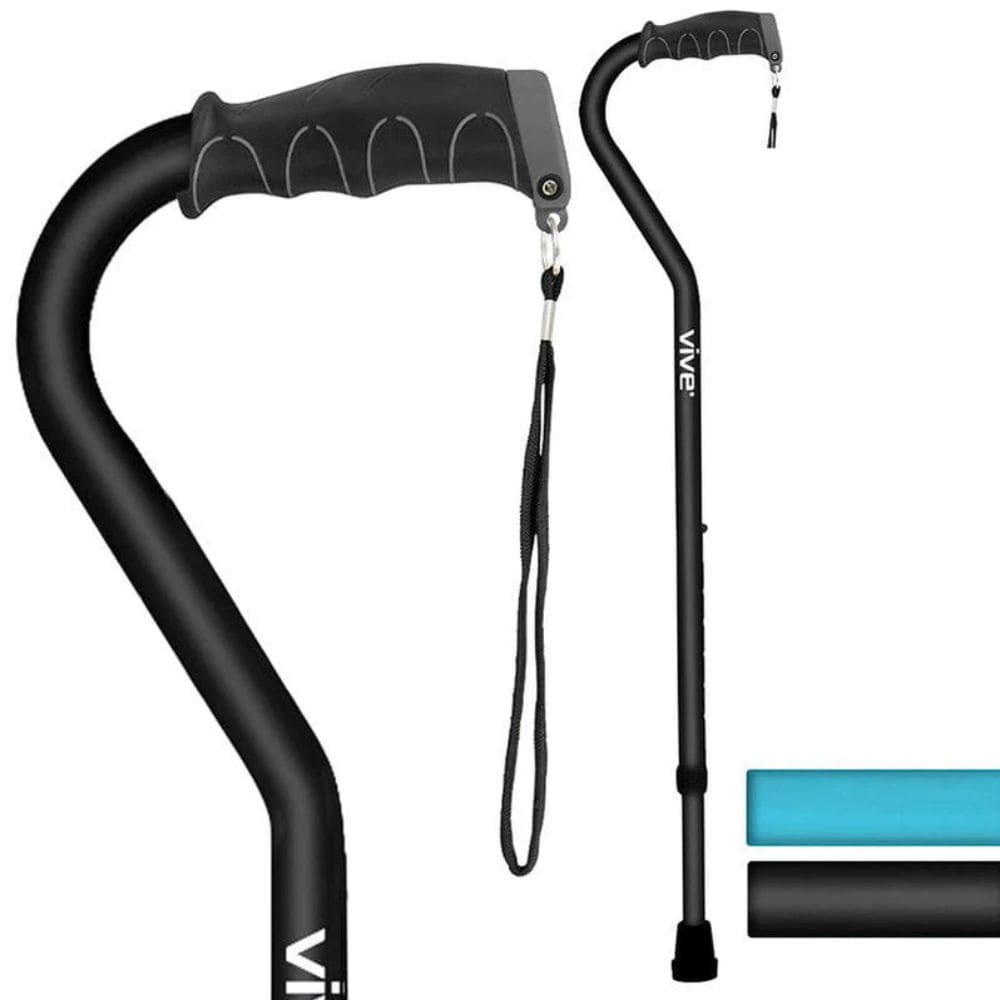 Black walking cane with adjustable handle and lanyard on a white background