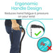 Ergonomic handle design for reducing hand fatigue and pressure on wrist, with a person holding a walking stick.